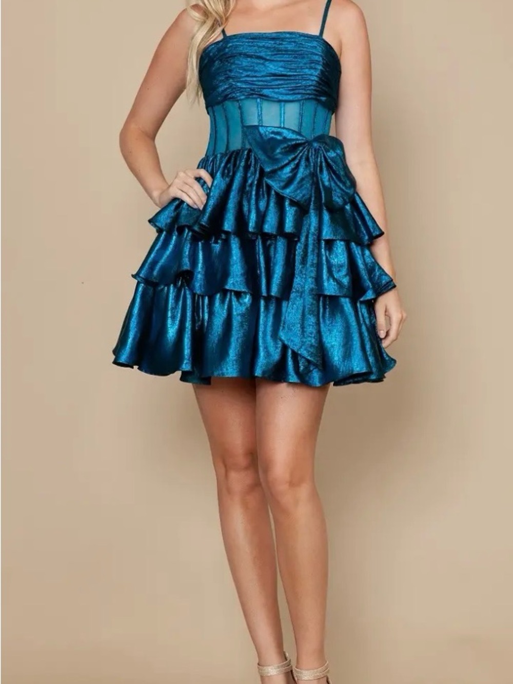 Teal Metallic Ruffle Tiered Mini Dress with Side Bow